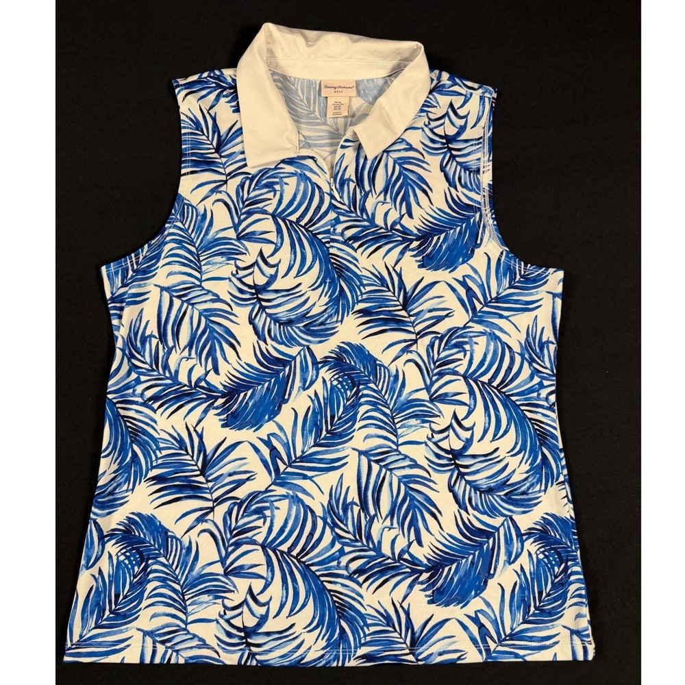 Tommy Bahama Golf Womens XL Sleeveless Polo Shirt Blue White Palm Print‎ 1/4 Zip